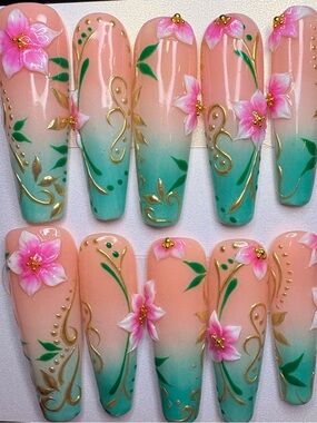 Pink & Teal Floral Ombre Press-On Nails